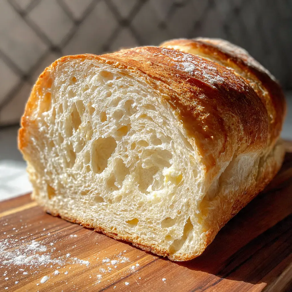 A golden brown loaf of homemade white bread cooling on a wire rack