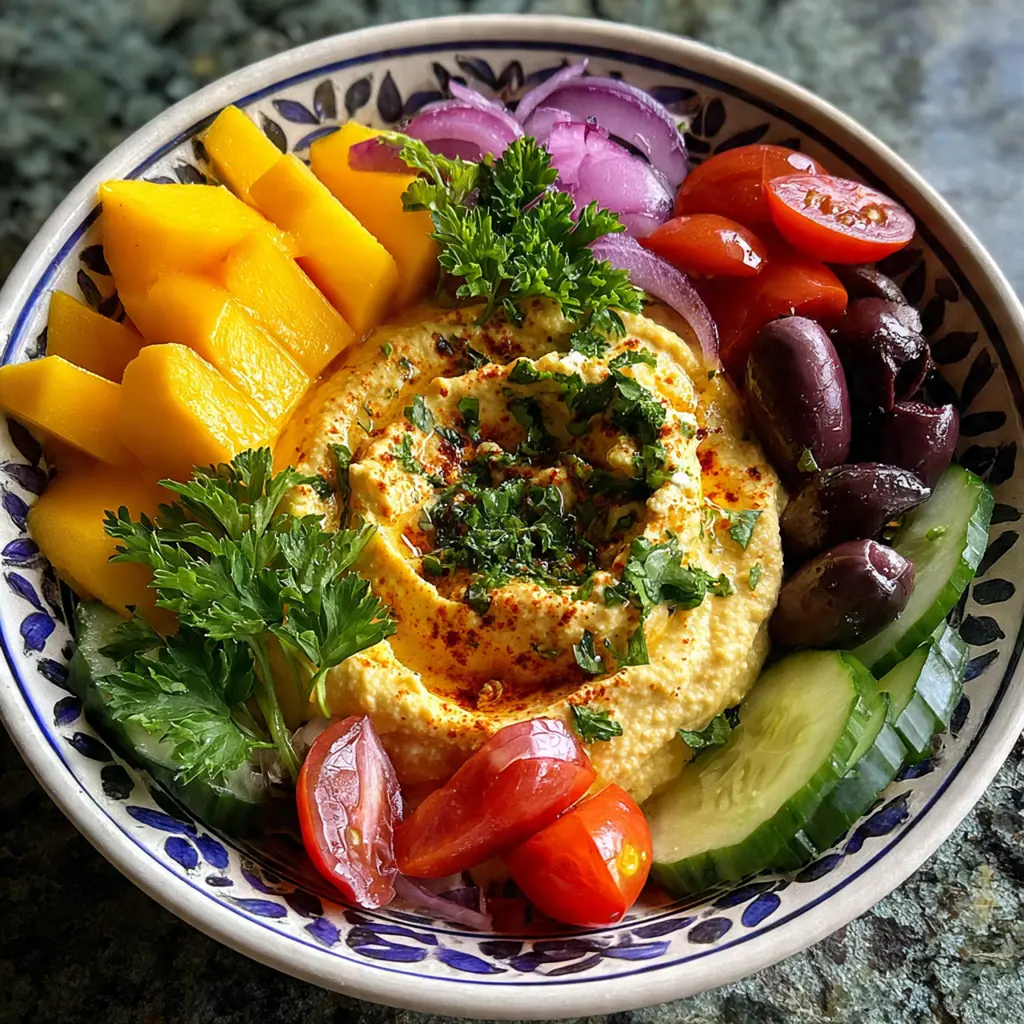 Creamy hummus topped with vibrant diced mango, cucumber, tomatoes, and olives on a rustic platter