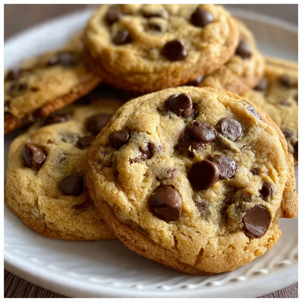 Close-up of chewy chocolate chip pudding cookies with melty chocolate chips and a sprinkle of flaky salt