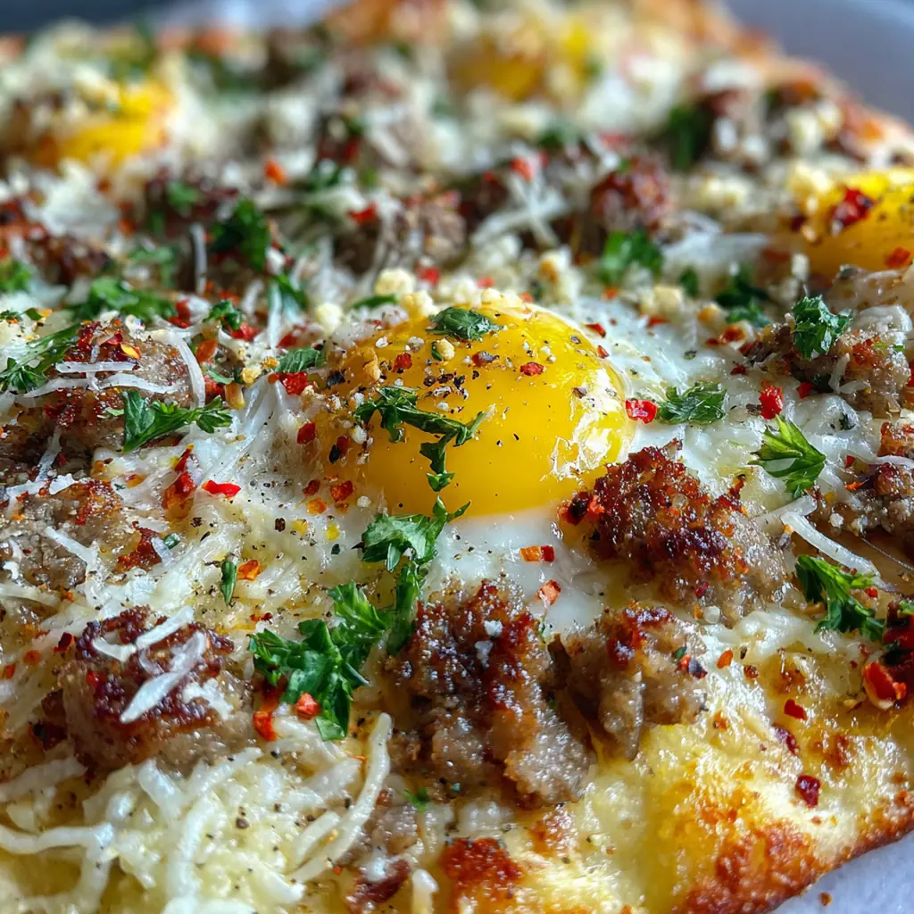 A golden brown sausage gravy breakfast pizza fresh from the oven with melty cheese and sunny-side up eggs