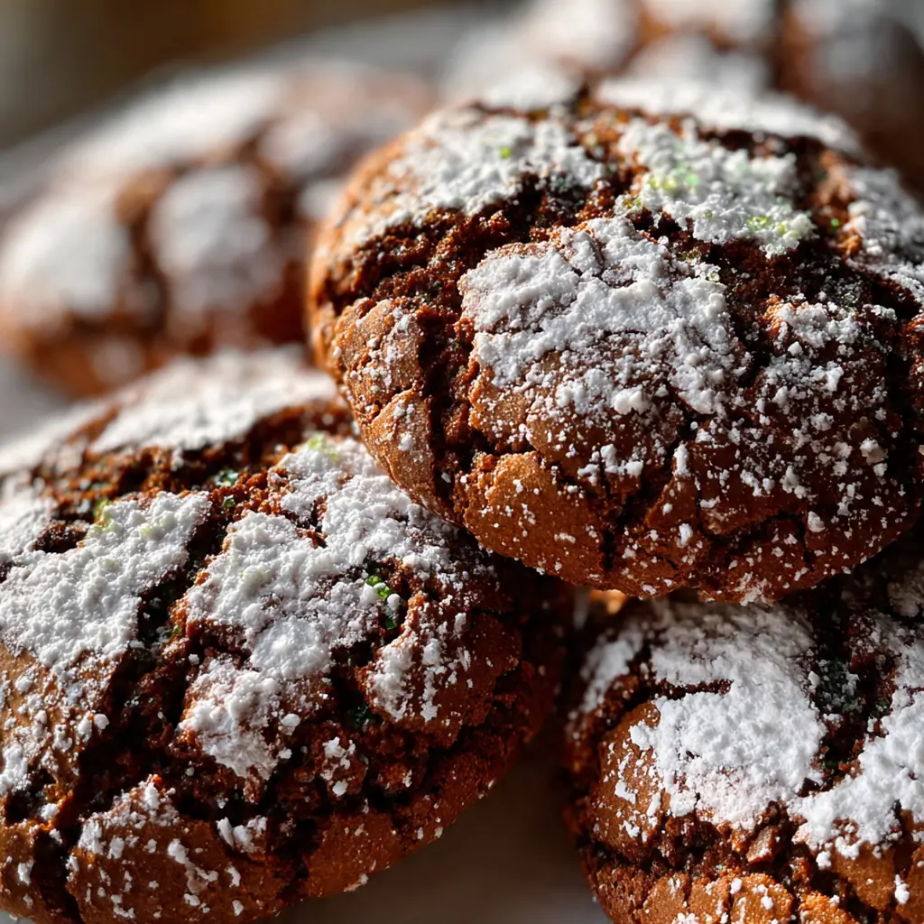 A batch of freshly baked chocolate crinkle cookies with cracked powdered sugar tops on a rustic wooden board.