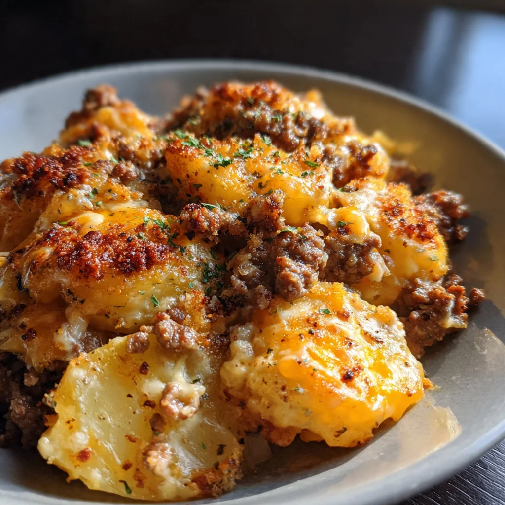 A bubbling golden brown ground beef and potato casserole fresh from the oven
