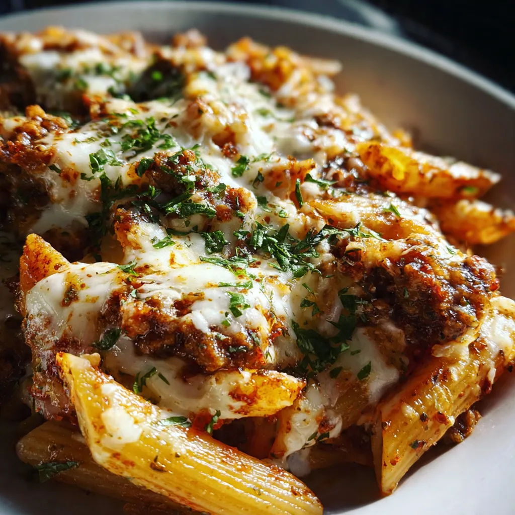 A bubbling cheesy sausage pasta bake fresh from the oven in a ceramic dish