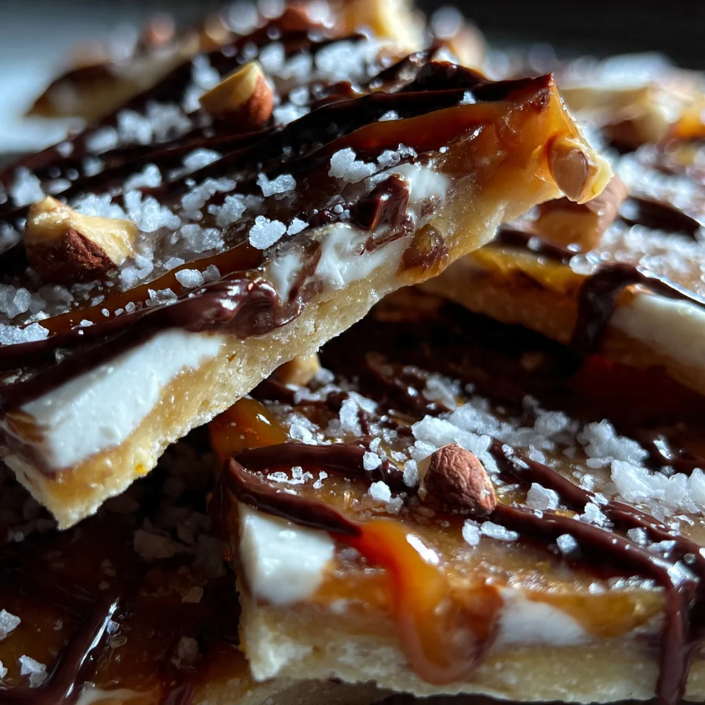 A sheet of golden homemade toffee broken into glossy pieces with chocolate and nuts