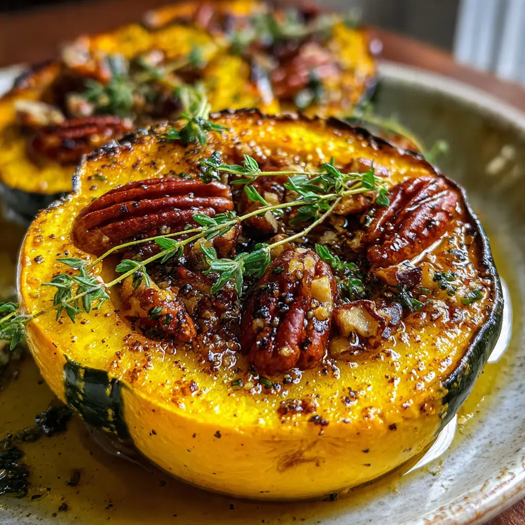 A rustic platter of roasted acorn squash wedges glistening with sticky honey glaze and fresh thyme