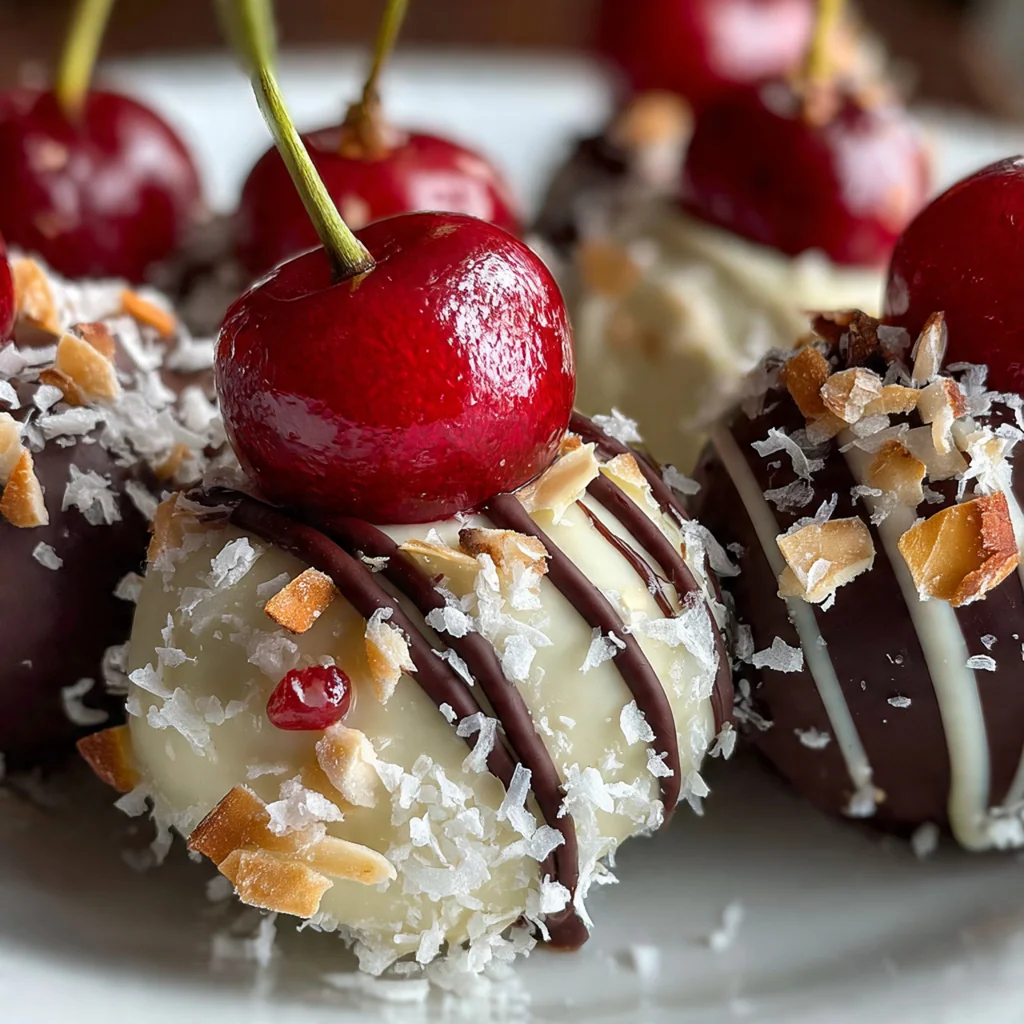Close-up of glossy chocolate covered cherries with stems and a drizzle of white chocolate