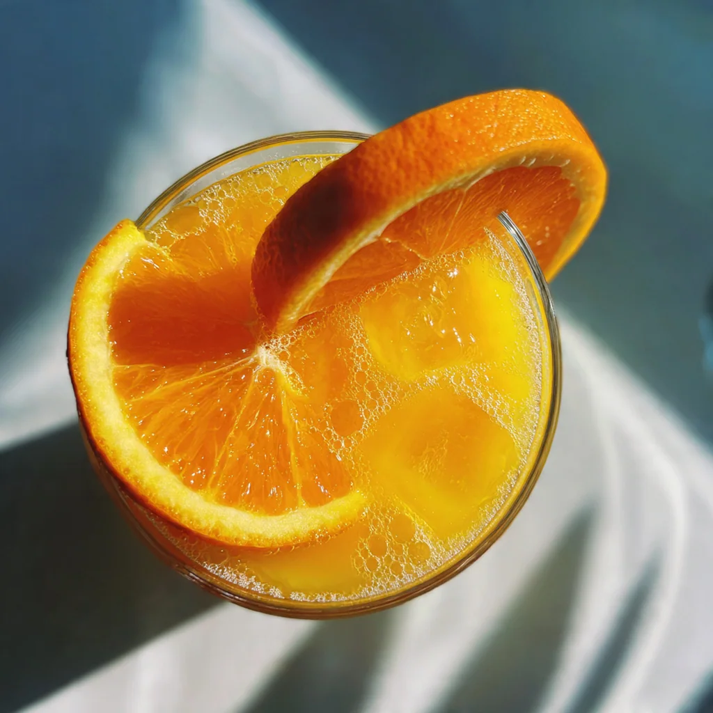 A tall champagne flute filled with a classic mimosa showing a gradient of orange to pale gold