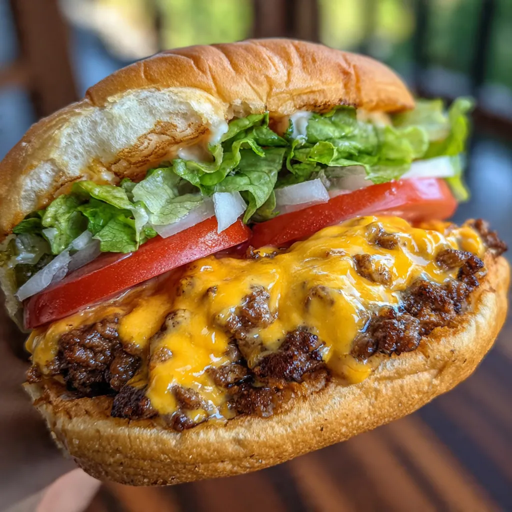 A cross-section view of a cheeseburger lava molten cheese patty with molten cheddar cheese spilling out onto the plate