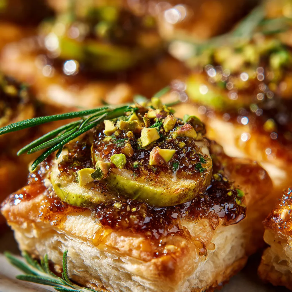 Golden puff pastry pouches topped with chopped pistachios and drizzled with fig glaze
