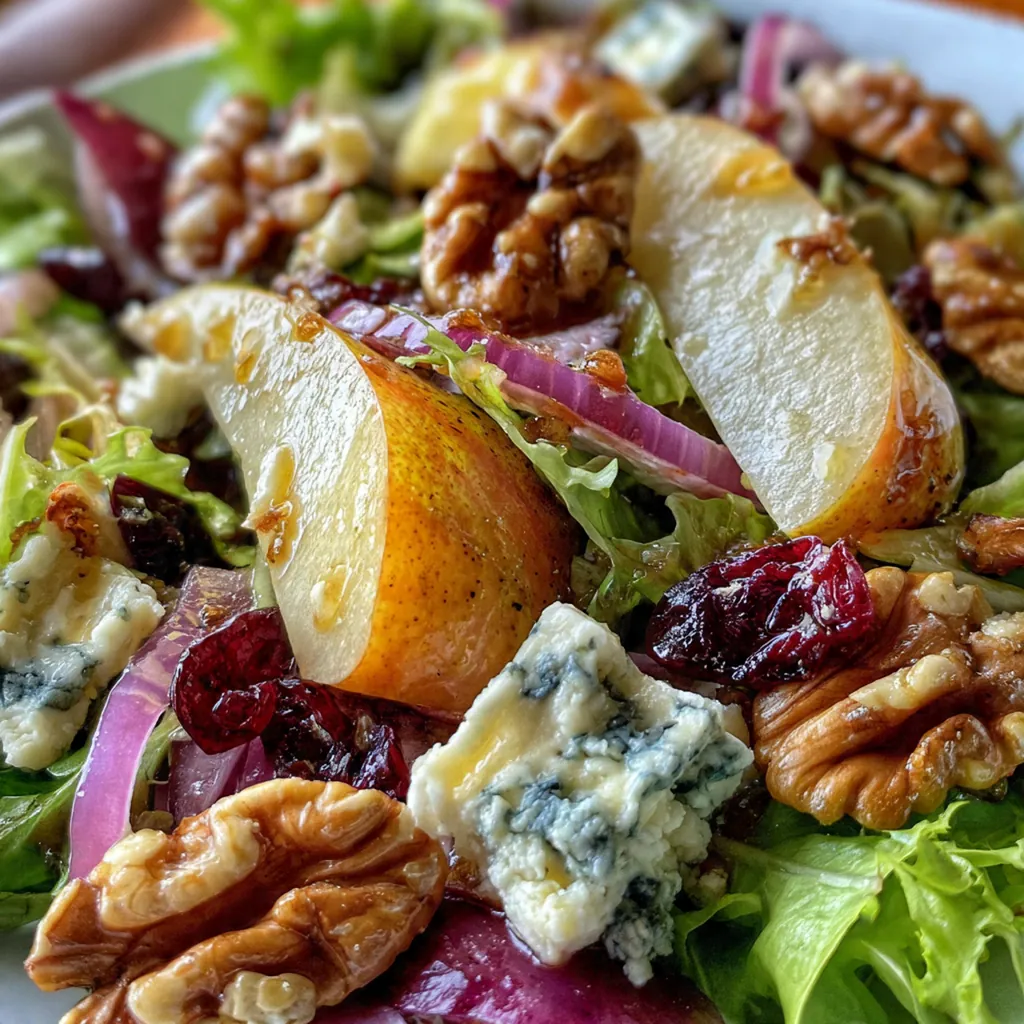 A beautiful composed pear blue cheese salad with sliced pears, walnuts, and crumbled cheese on mixed greens