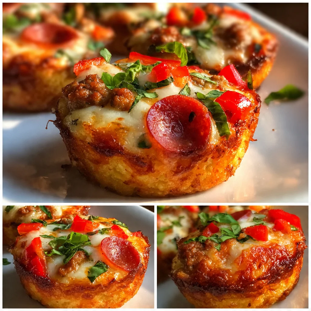 A dozen golden brown deep dish pizza cupcakes fresh from the muffin tin, cheese bubbling over the edges