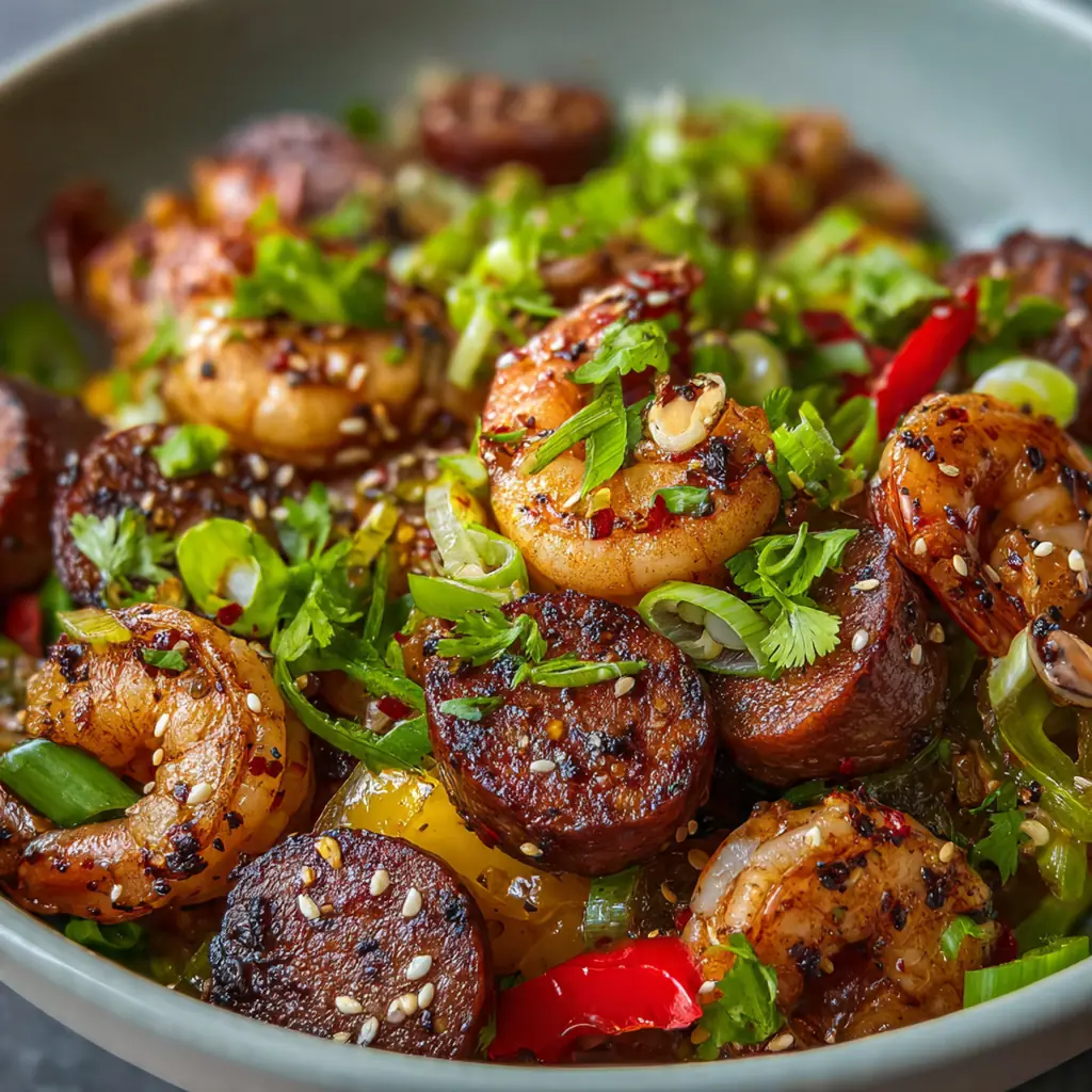 A sizzling skillet of honey garlic shrimp sausage with glossy sauce coating plump shrimp and smoky sausage