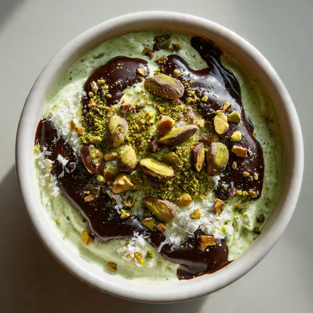 Creamy green pistachio cream in a glass jar with crushed pistachios scattered around
