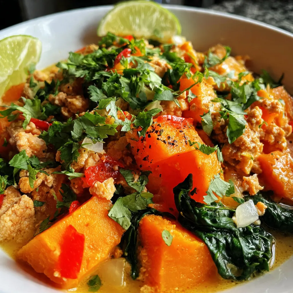 A colorful ground turkey and sweet potato skillet with black beans and corn in a cast iron pan