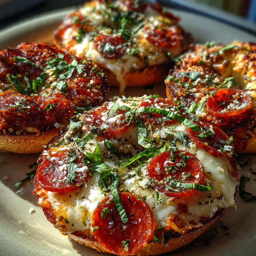 Crispy air fryer pizza bagels with melted mozzarella and golden pepperoni fresh from the basket