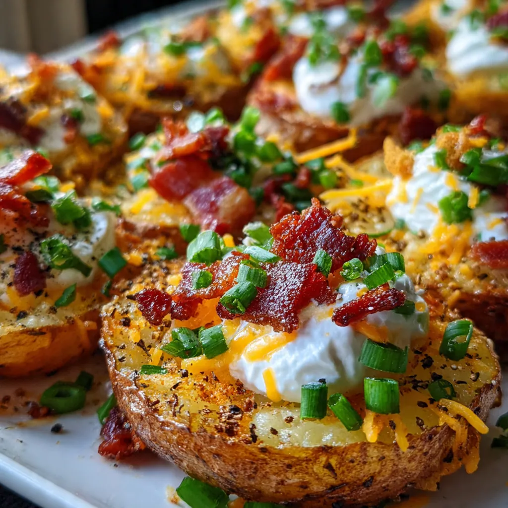 A sheet pan full of golden Loaded Baked Potato Rounds topped with melted cheddar and crumbled bacon