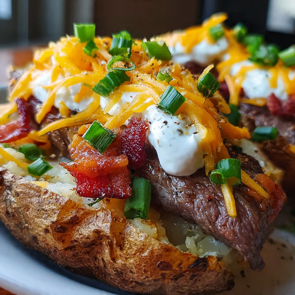 A sizzling ribeye steak topped with a pile of golden cheesy potatoes, crispy bacon, and green onions