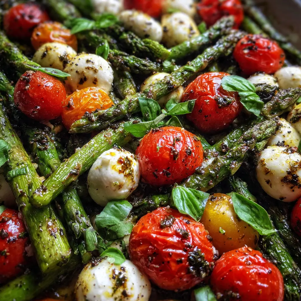 Vibrant caprese roasted asparagus bake fresh from the oven with melted mozzarella and burst tomatoes