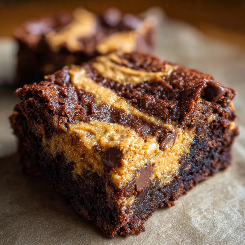 A pan of fudgy brownies swirled with creamy peanut butter filling, cut into perfect squares.