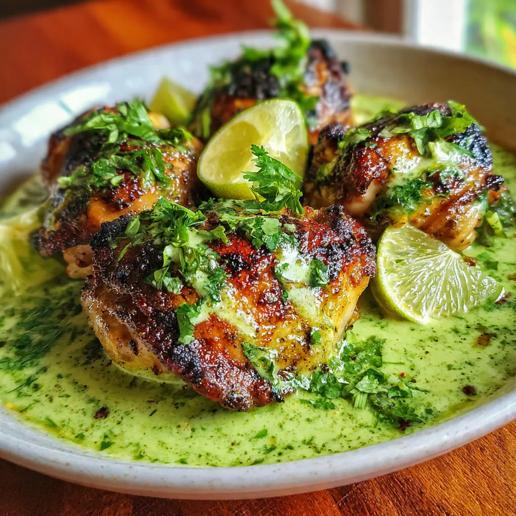 Vibrant green Peruvian sauce being brushed over smoky, charred grilled chicken pieces