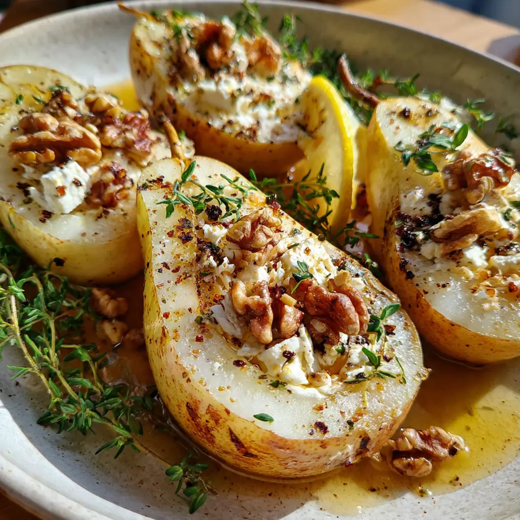 Golden baked pear halves topped with melted feta cheese and a glossy drizzle of honey on a rustic baking sheet.