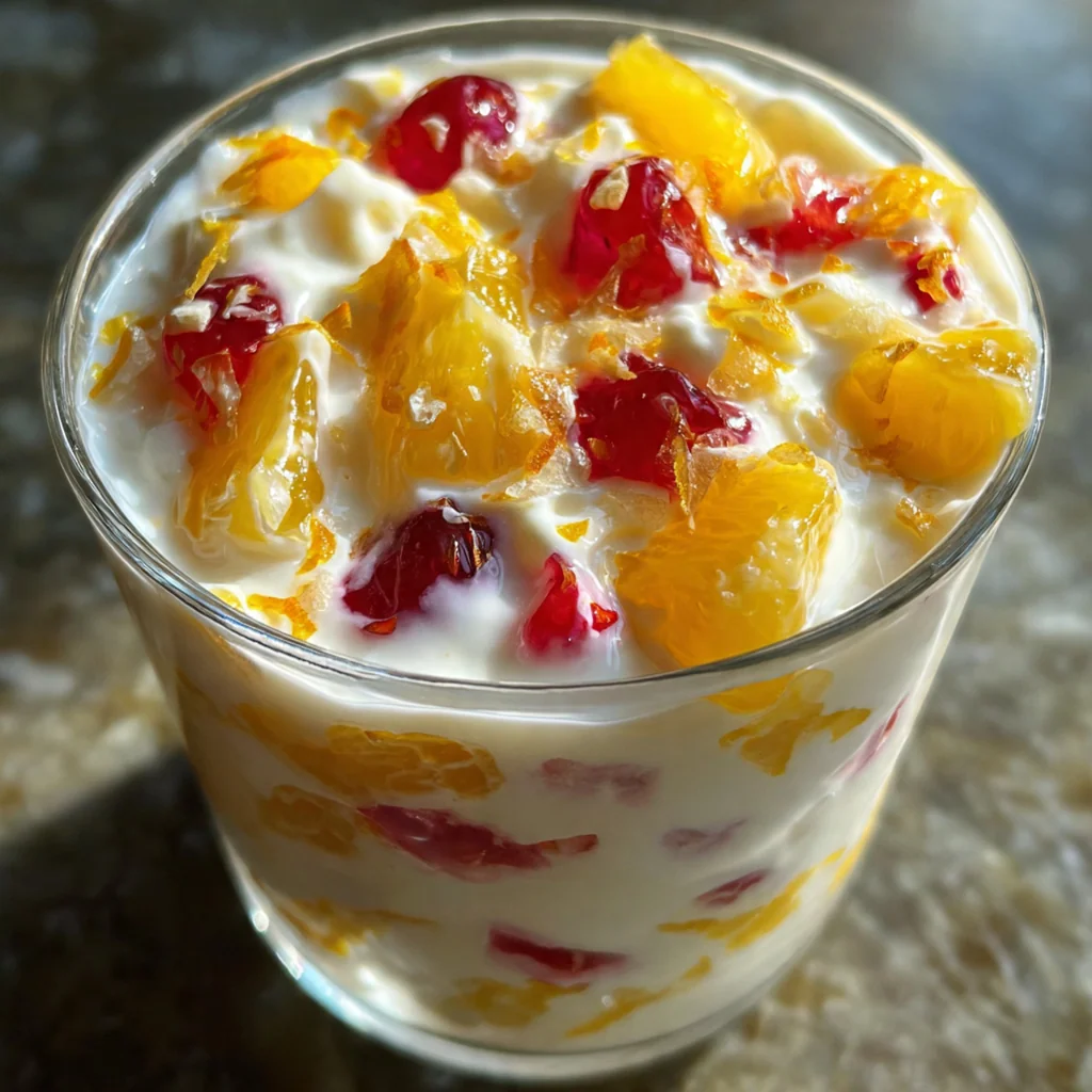 Creamy white drinkable yogurt in a tall glass, topped with fresh berries and crushed pistachios