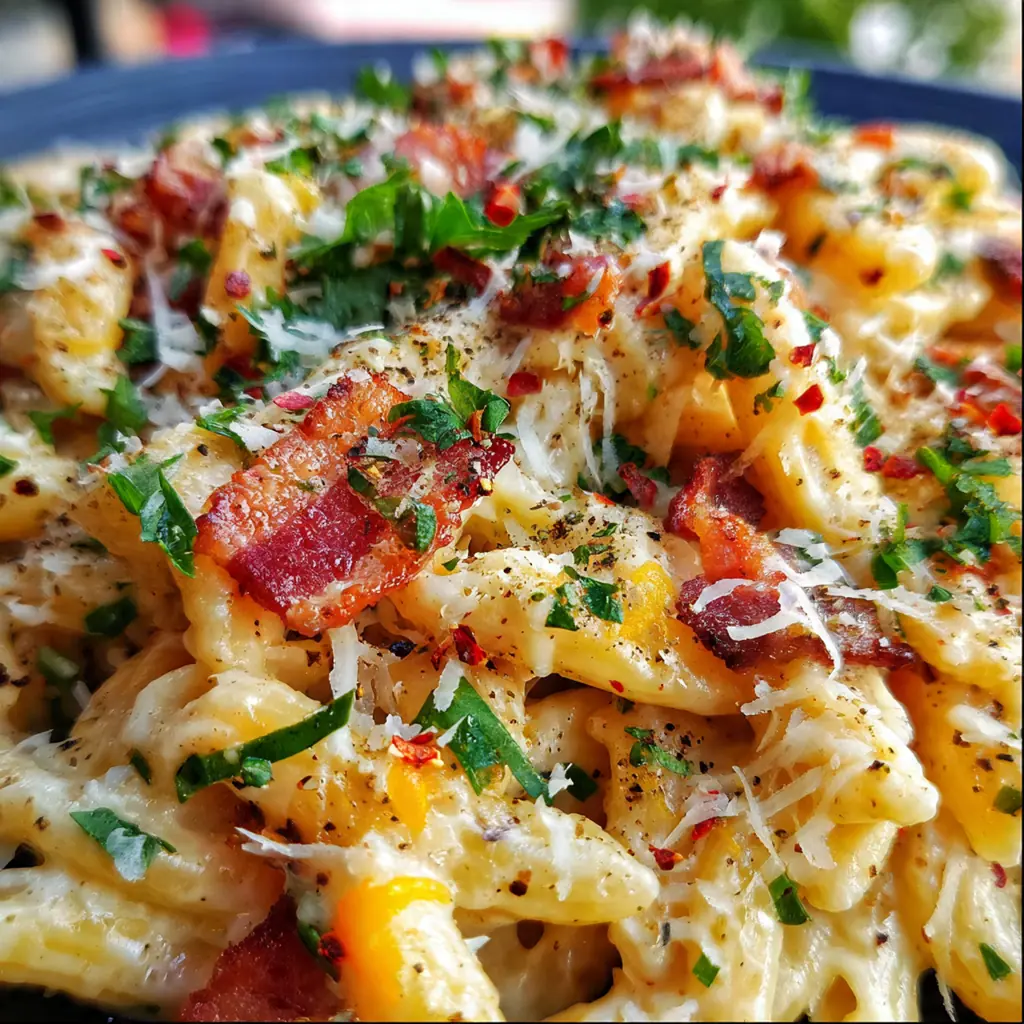 A skillet filled with creamy bacon cheese pasta, garnished with fresh parsley and extra Parmesan cheese