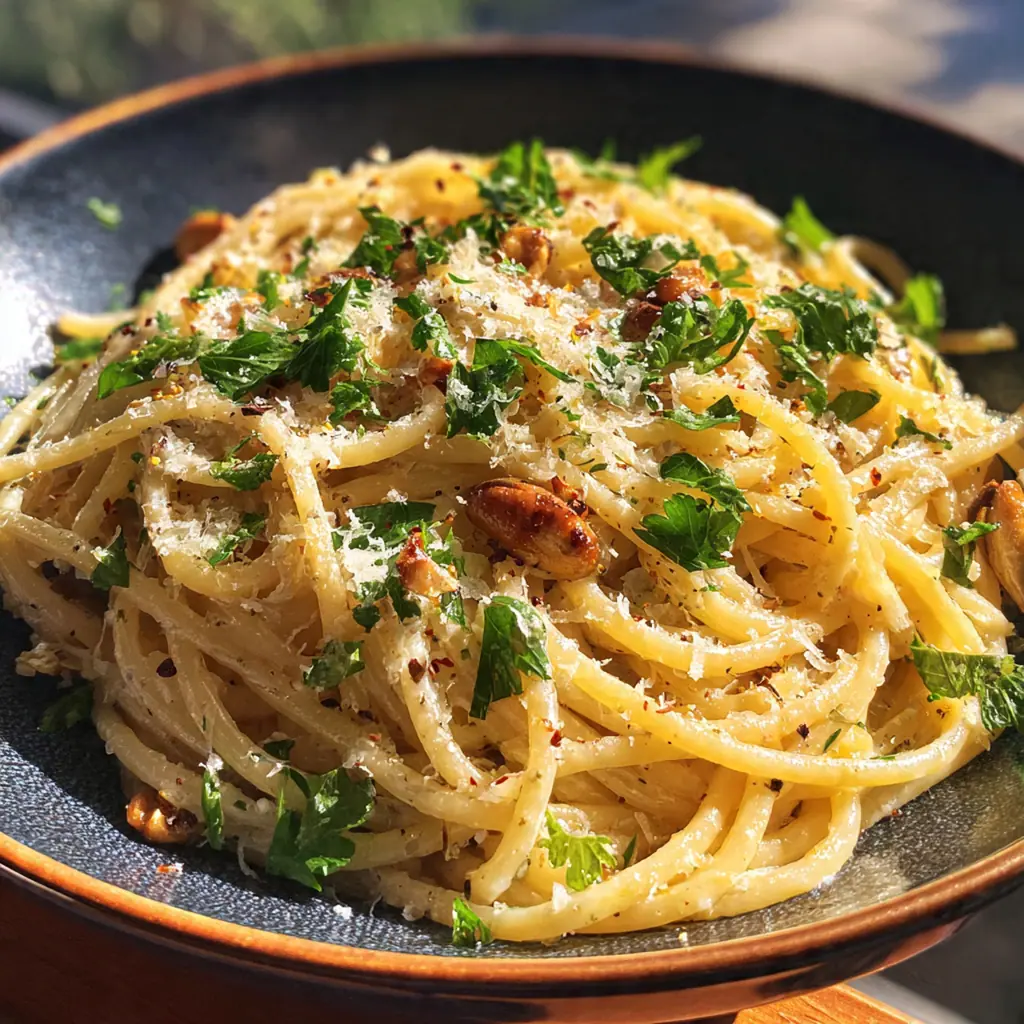 Creamy chestnut garlic pasta twirled on a fork with chopped chestnuts and parsley garnish