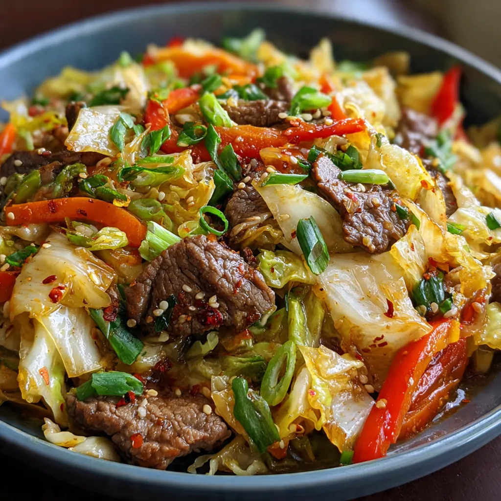 A vibrant Chinese beef cabbage stirfry sizzling in a classic carbon steel wok