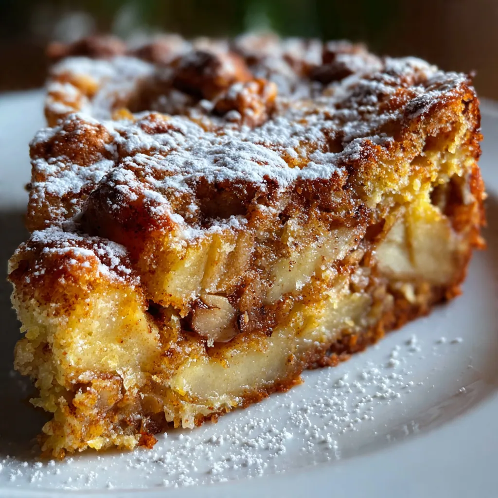 A rustic cinnamon apple cake dusted with powdered sugar on a wooden cutting board.