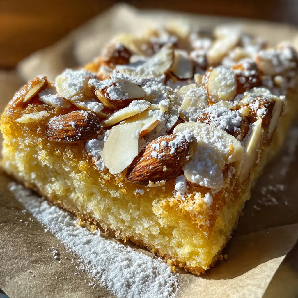 Freshly baked Sweet Almond Pastries dusted with powdered sugar on a rustic wooden board