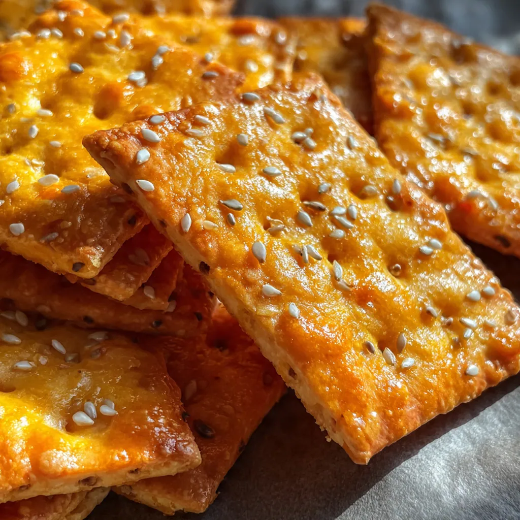 Freshly baked cheese crackers with golden edges and a sprinkle of flaky sea salt on a baking sheet