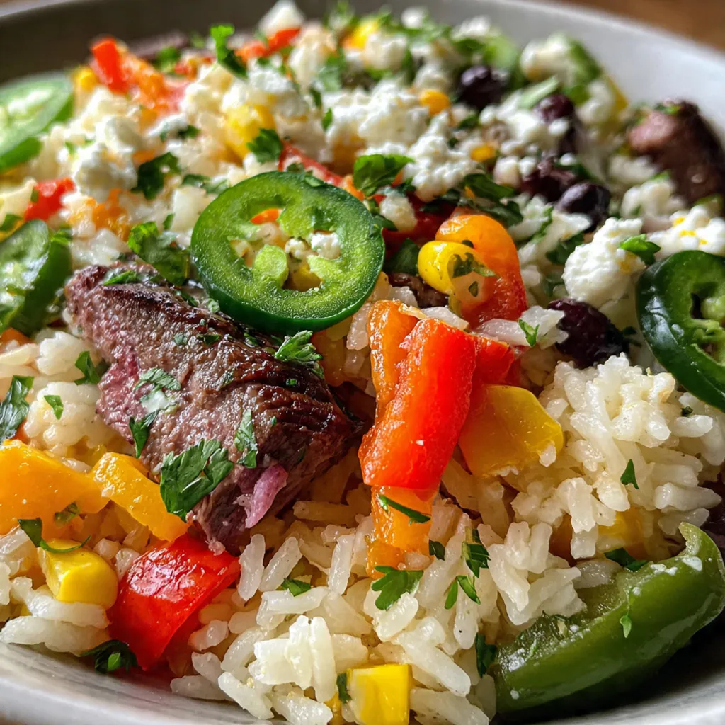 A sizzling skillet of Steak Queso Rice with melted cheese pulling over juicy steak and colorful peppers.