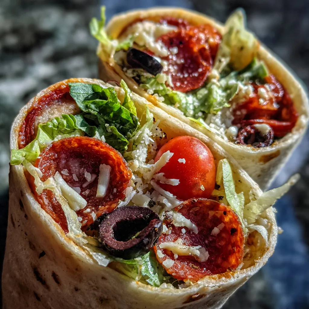 Golden-brown pepperoni pizza wraps sliced in half showing melted cheese and colorful fillings on a rustic wooden board