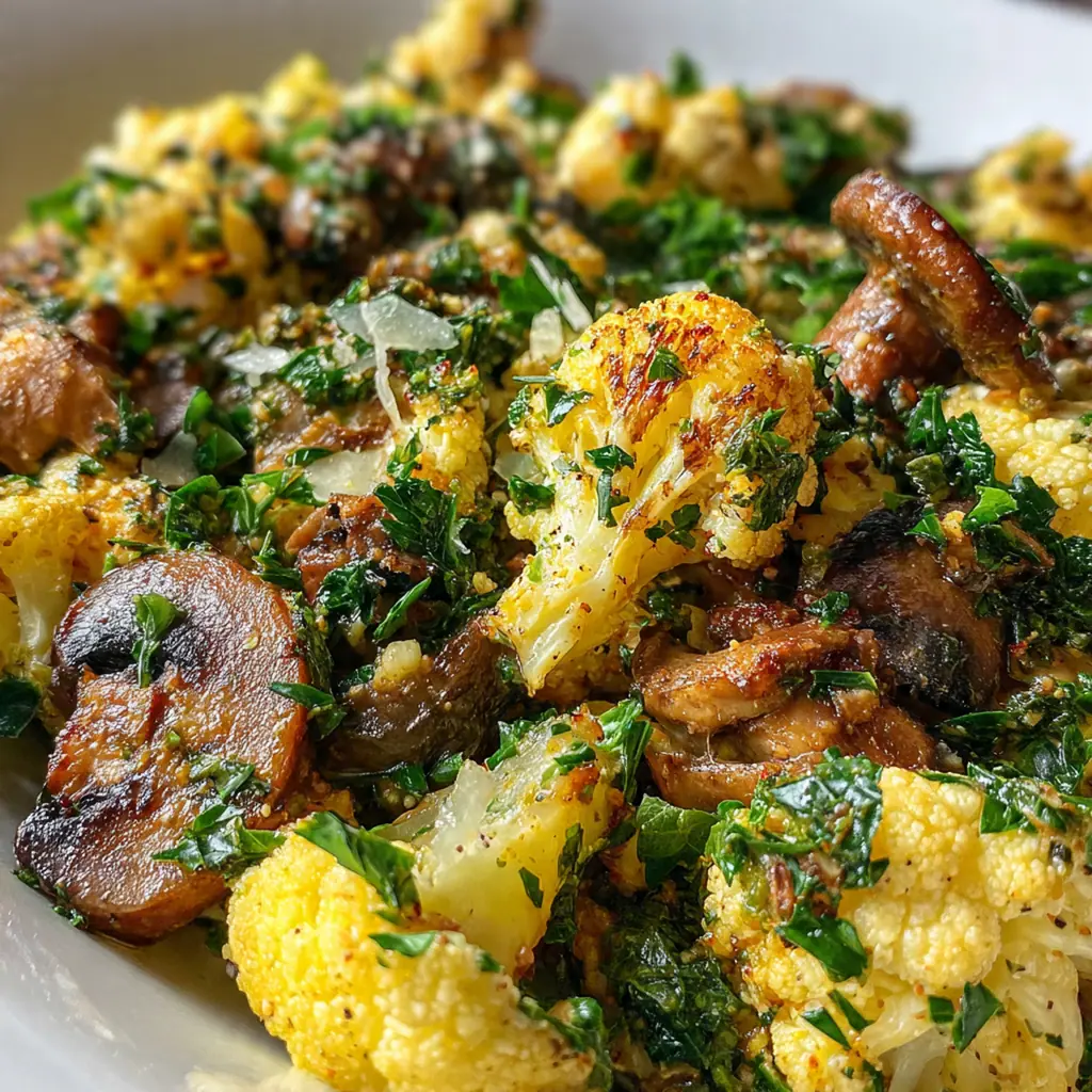 A close-up of golden brown cauliflower mushrooms sautéed with garlic and thyme in a cast iron skillet