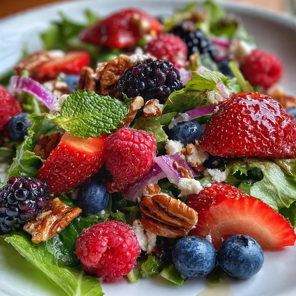 Very Berry Fluffy Salad in a white bowl with a cloud-like texture and colorful fresh berries throughout