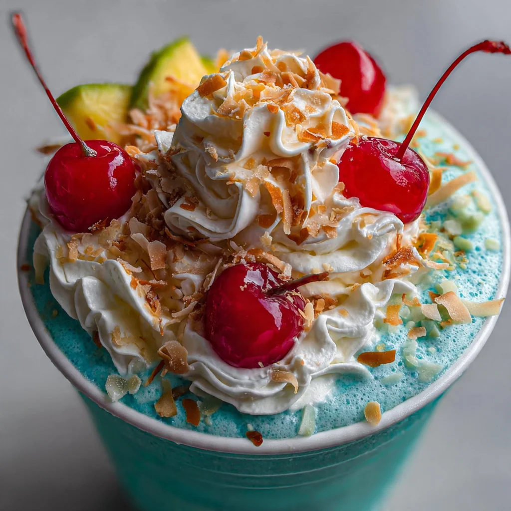 A tall glass of Ocean Love Colada Frappuccino topped with whipped coconut cream and toasted flakes.