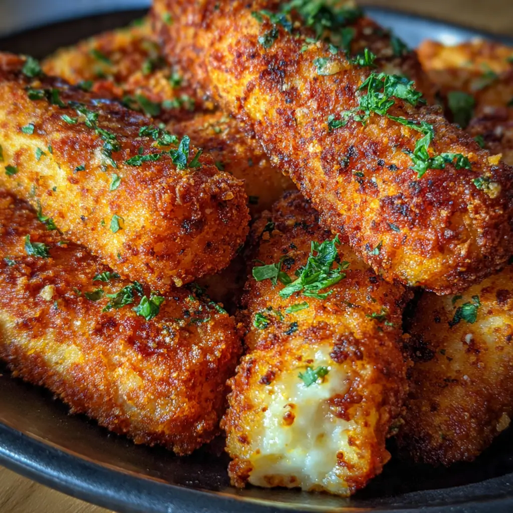 A towering pile of crispy Nashville Hot Mozzarella Sticks drizzled with glossy red spicy oil on a wooden board
