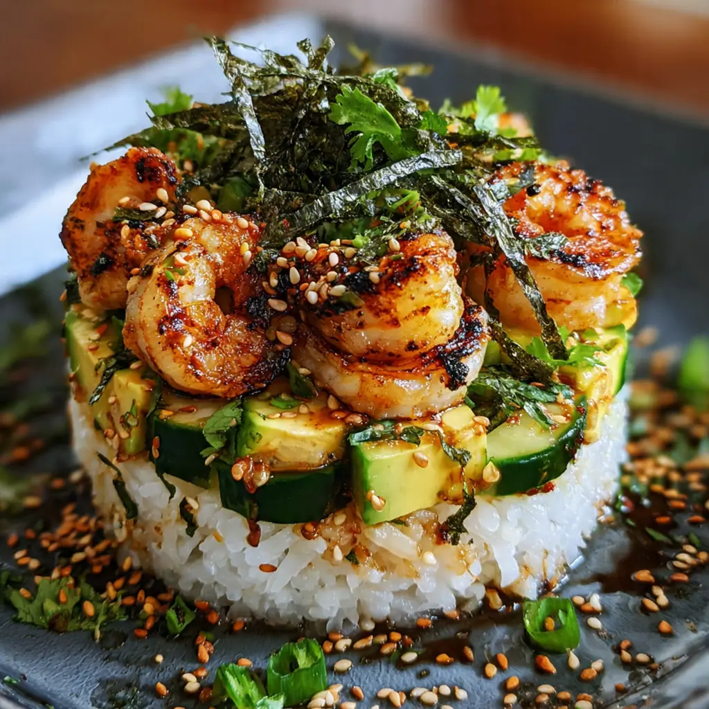 A tall, colorful Spicy California Shrimp Stack with layers of pink shrimp, green avocado, and yellow mango on a white plate