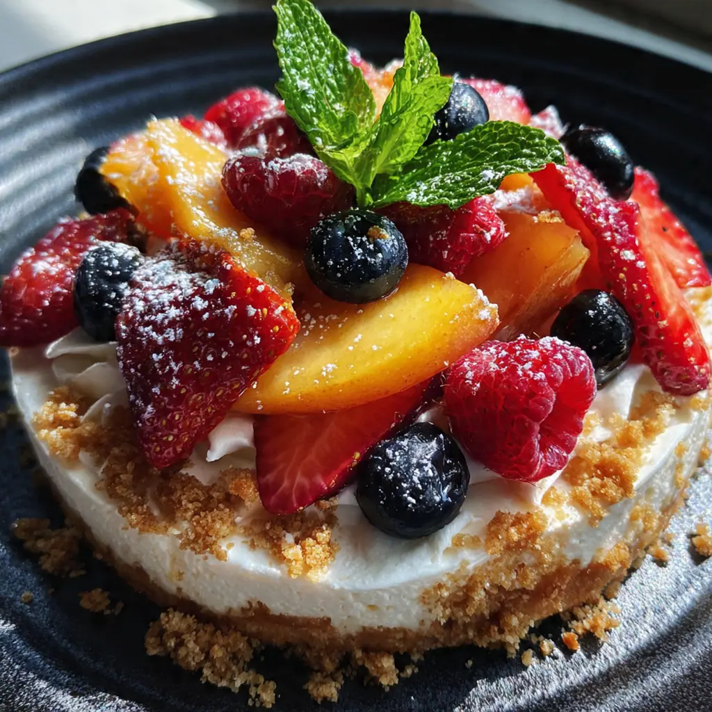A slice of Berry Peach Cheesecake on a white plate topped with glossy red berries and fresh peach slices