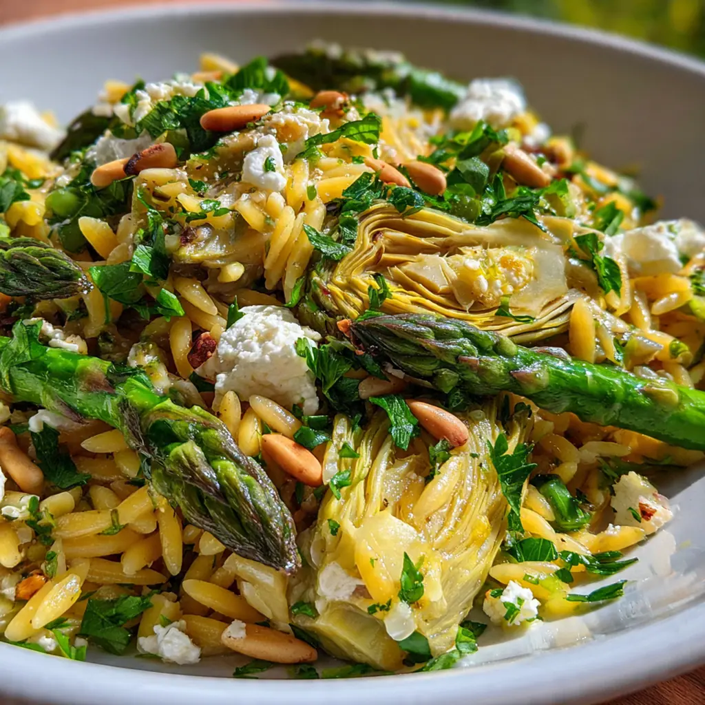 A vibrant bowl of orzo salad showing bright green asparagus, artichoke hearts, and crumbled feta cheese