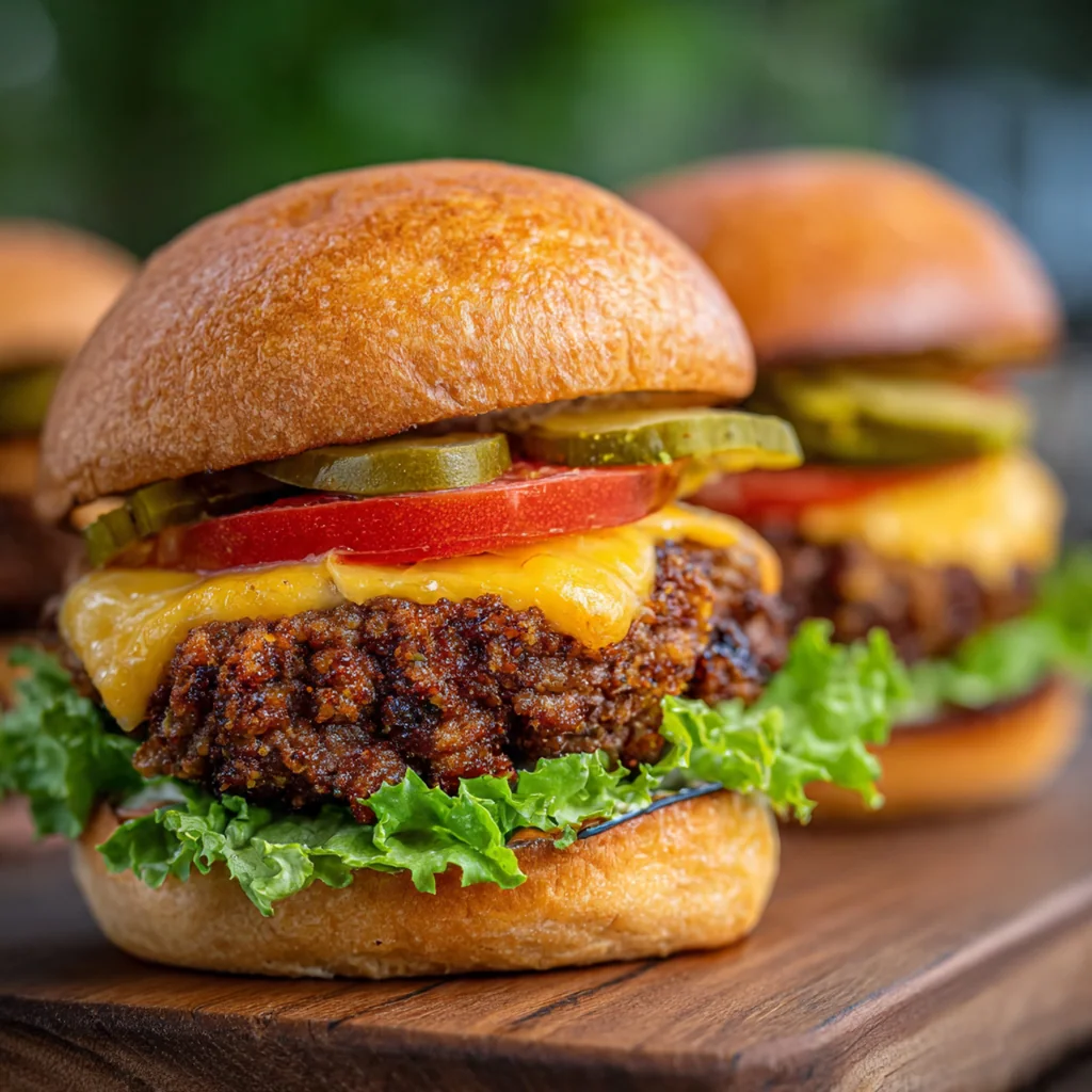 A smoked Cajun burger with melted pepper jack cheese dripping down its sides on a toasted brioche bun