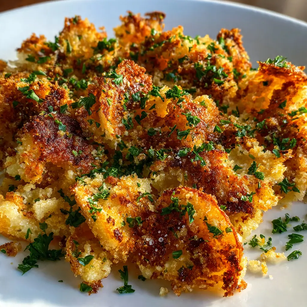 Crispy baked cheesy onion casserole fresh from the oven with a golden brown panko crust