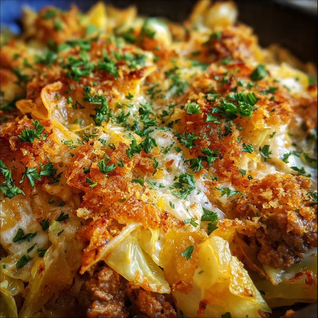 A bubbling cabbage casserole with a golden cheesy creamy topping fresh from the oven