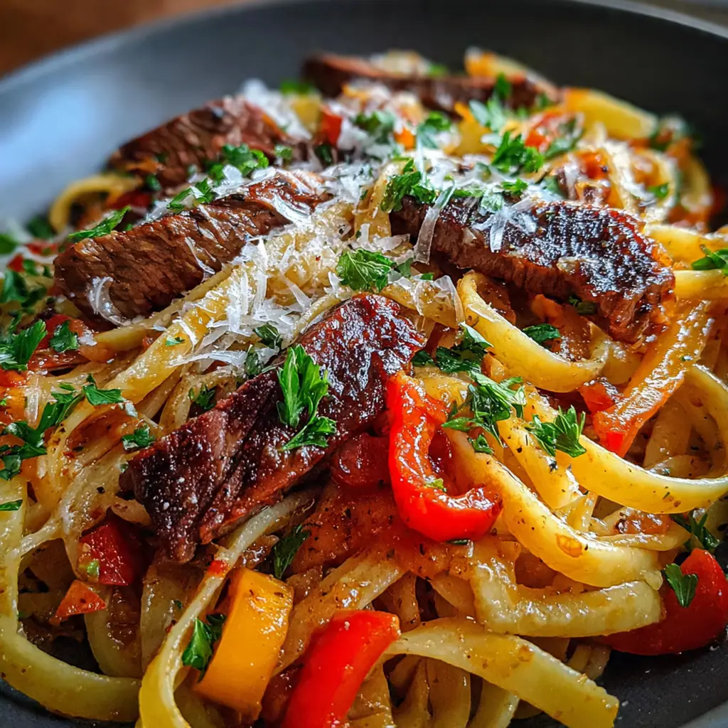 A skillet filled with smoky honey BBQ steak pasta, glossy sauce coating penne and tender steak strips