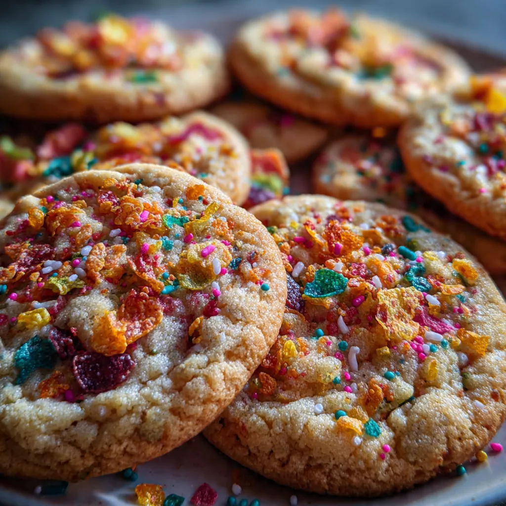 A stack of colorful Fruity Pebbles cookies with a sweet white glaze drizzle