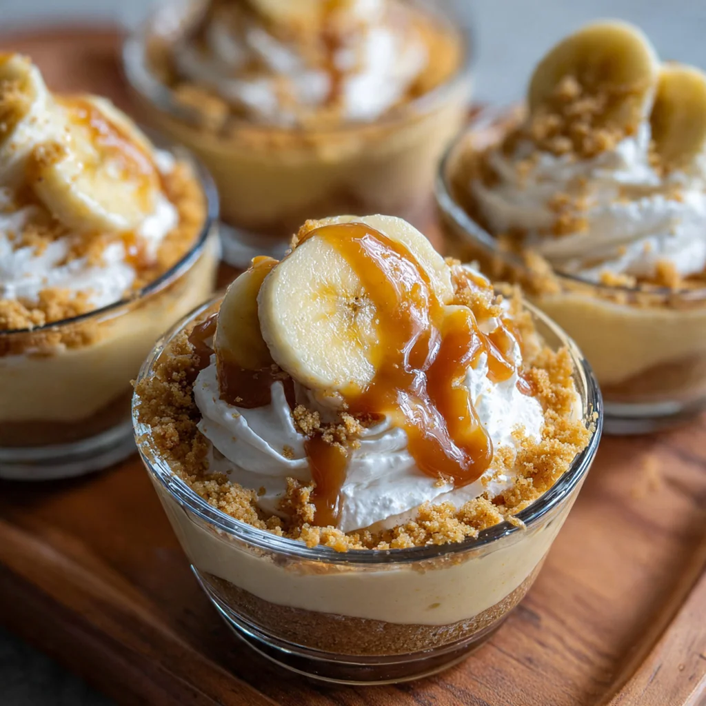 Three layered caramel banana pudding cups in clear glasses with whipped cream and a caramel drizzle