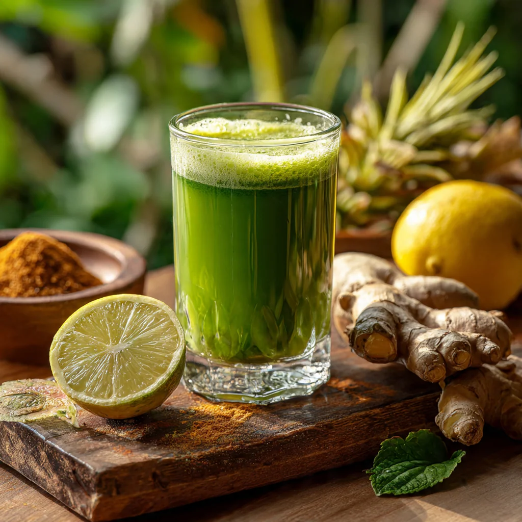 Vibrant golden-orange natural energy shots in small glass bottles with fresh ginger and citrus slices nearby