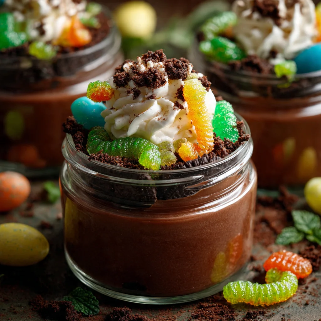 Easter Dirt Pudding Jars showing layers of chocolate pudding and crushed Oreos with candy eggs on top