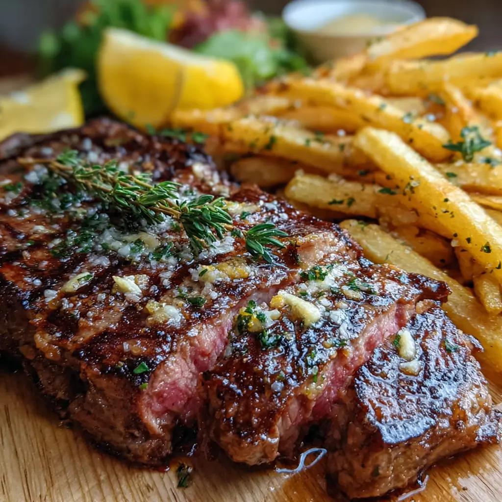 A beautifully plated Classic Steak Frites with juicy ribeye and golden crispy french fries drizzled with red wine sauce